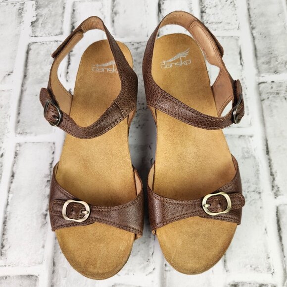 Dansko Tricia Women US 9 EU 39 Brown Leather Ankle Strap Wood Heel Wedge Sandals - Picture 9 of 10